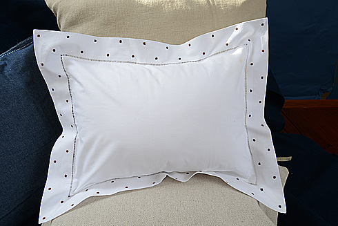 Hemstitch Baby Pillow 12"x16". Brown color Swiss Polka Dots.
